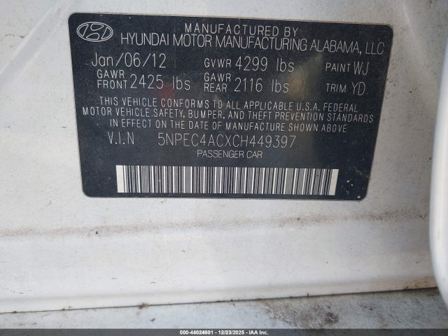 Продаж на аукціоні авто 2012 Hyundai Sonata Limited, vin: 5NPEC4ACXCH449397, номер лоту: 44024601
