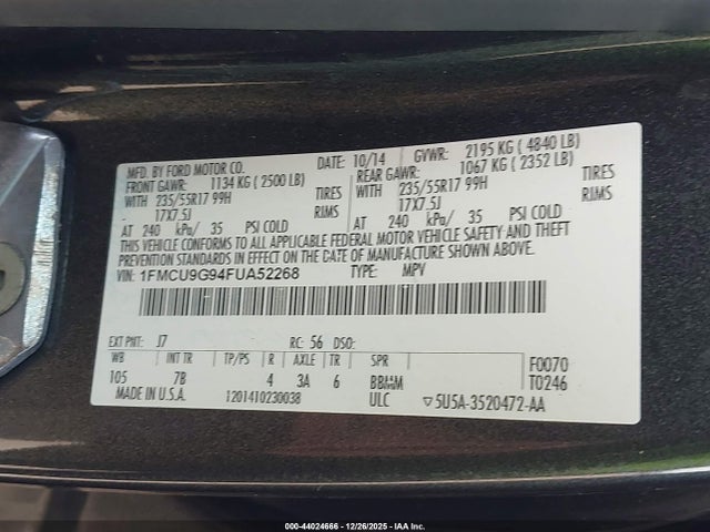 44024666 :رقم المزاد ، 1FMCU9G94FUA52268 vin ، 2015 Ford Escape Se مزاد بيع