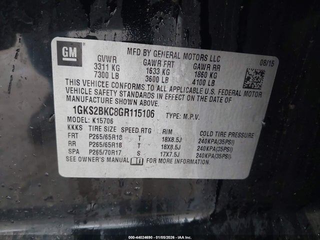 GMC YUKON SLT 2016 1GKS2BKC8GR115106 Image 9