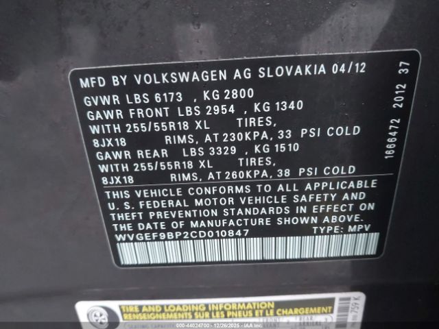 2012 VOLKSWAGEN TOUAREG WVGEF9BP2CD010847 Photo 8
