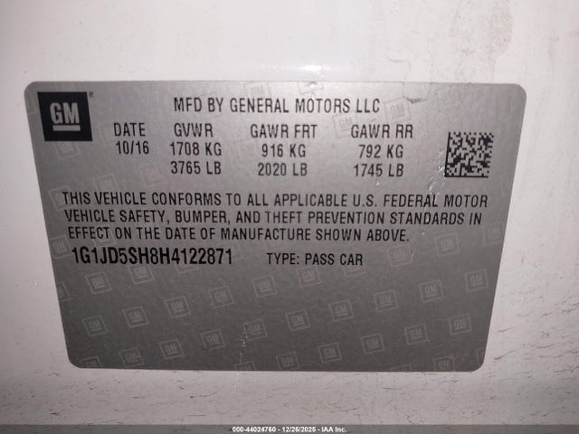 44024760 :رقم المزاد ، 1G1JD5SH8H4122871 vin ، 2017 Chevrolet Sonic Lt Auto مزاد بيع