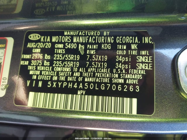 44024949 :رقم المزاد ، 5XYPH4A50LG706263 vin ، 2020 Kia Sorento 3.3l Ex مزاد بيع