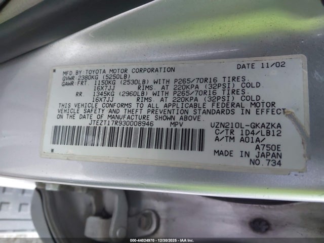 2003 TOYOTA 4RUNNER JTEZT17R930008946 Photo 8