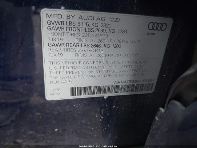 Продаж на аукціоні авто 2021 Audi Q3 Premium 40 Tfsi Quattro Tiptronic, vin: WA1AUCF34M1070834, номер лоту: 44024987