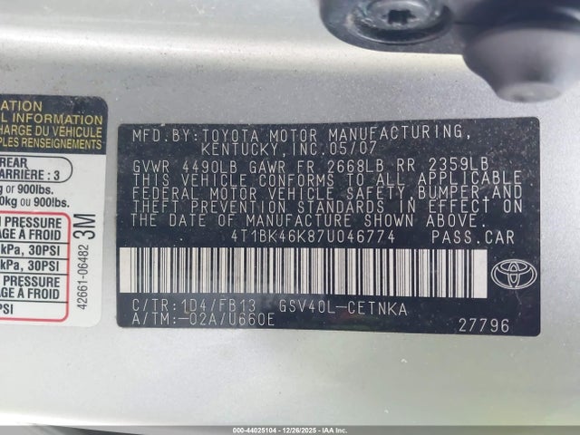 2007 TOYOTA CAMRY 4T1BK46K87U046774 Photo 8