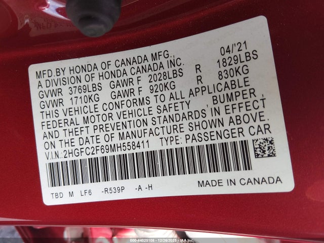 Honda Civic Lx 2021 2HGFC2F69MH558411 Image 9