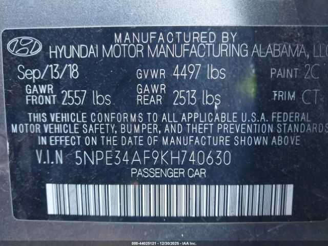 2019 HYUNDAI SONATA 5NPE34AF9KH740630 Photo 8
