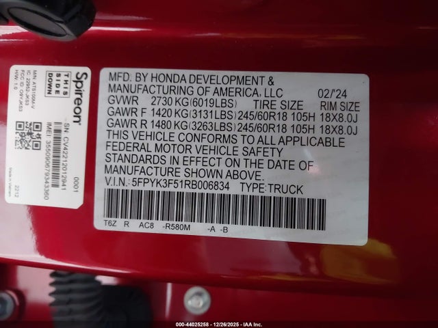 Honda Ridgeline Rtl 2024 5FPYK3F51RB006834 Image 9