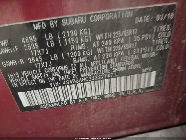 Продаж на аукціоні авто 2018 Subaru Outback 2.5i Premium, vin: 4S4BSAHC2J3327471, номер лоту: 44025290