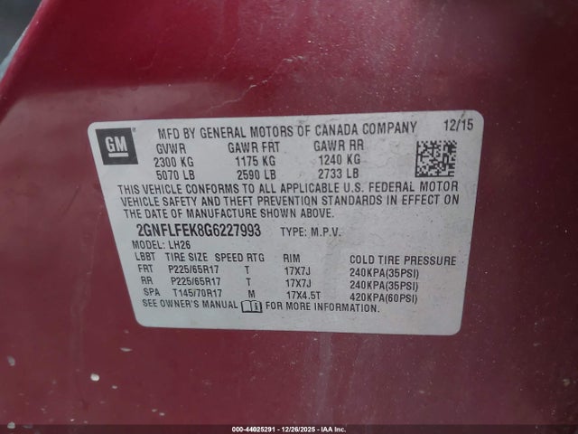 2GNFLFEK8G6227993 Chevrolet EQUINOX LT