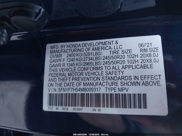 5FNYF7H54MB009317 Honda Passport 2wd Ex-l