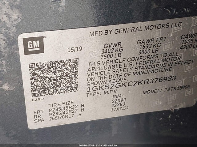 44025354 :رقم المزاد ، 1GKS2GKC2KR376933 vin ، 2019 Gmc Yukon Xl Slt مزاد بيع