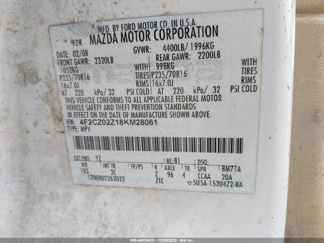 Aukcja sprzedaży 2008 Mazda Tribute I Sport, vin: 4F2CZ02Z18KM28061, numer aukcji: 44025418