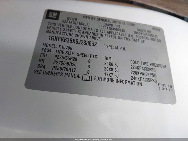 Aukcja sprzedaży 2008 Gmc Yukon Denali, vin: 1GKFK638X8J238652, numer aukcji: 44025524