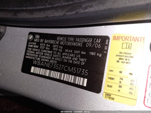 Aukcja sprzedaży 2007 Bmw 530i, vin: WBANE73527CM51735, numer aukcji: 44025734
