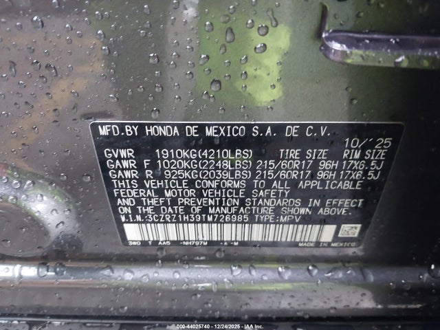 3CZRZ1H39TM726985 Honda Hr-v 2wd Lx