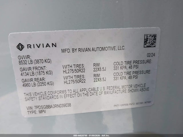 7PDSGBBA0RN039038 Rivian R1s Adventure Dual Motor Large Pack/adventure Dual Motor Perf Large Pack