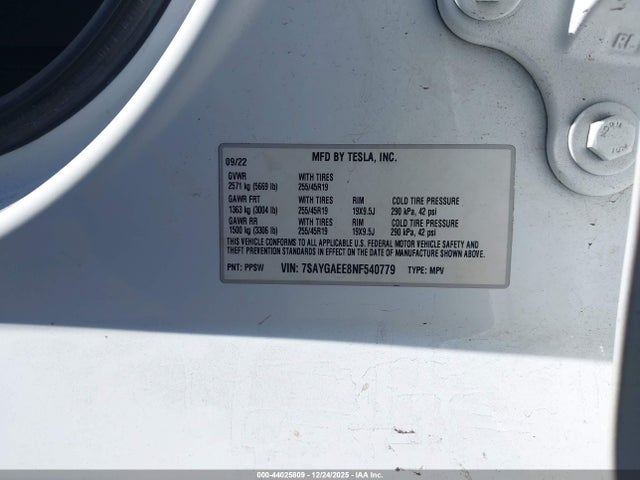 Aukcja sprzedaży 2022 Tesla Model Y Long Range Dual Motor All-wheel Drive, vin: 7SAYGAEE8NF540779, numer aukcji: 44025809