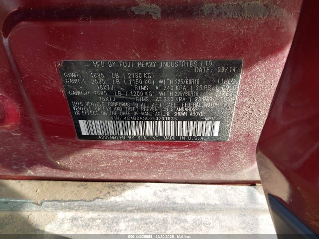 Subaru Outback 2.5i Limited 2015 4S4BSANC0F3231835 Image 9