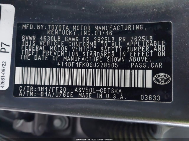 Toyota CAMRY SE 2016 4T1BF1FK0GU228505 Image 9