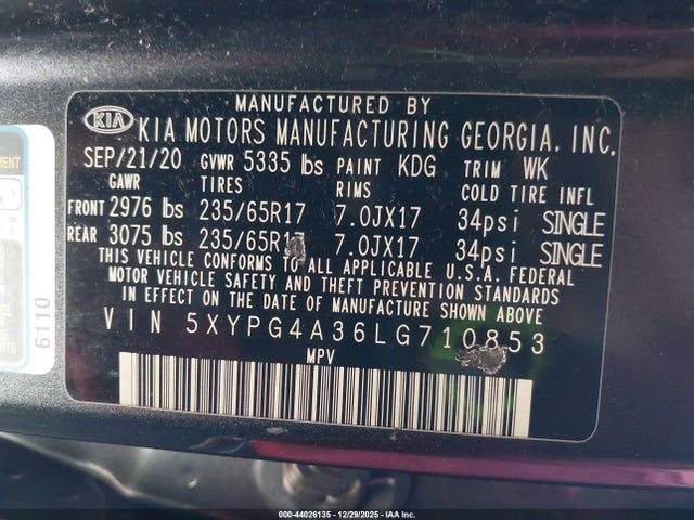 KIA Sorento 2.4l Lx 2020 5XYPG4A36LG710853 Image 9