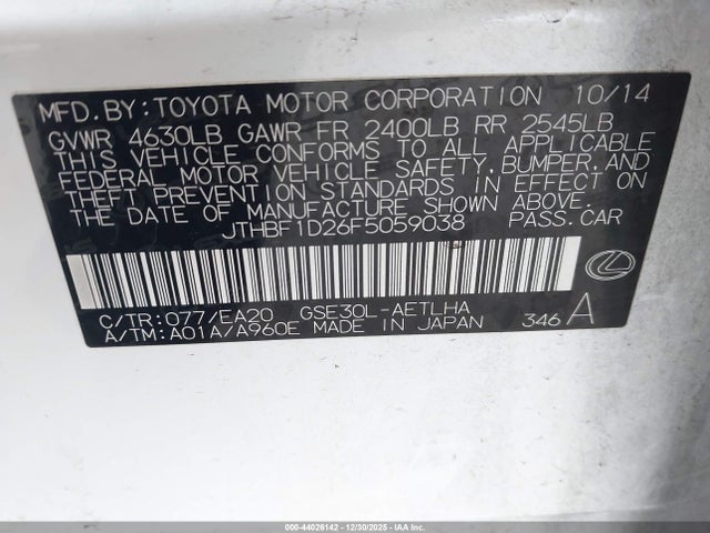 Lexus IS 250 2015 JTHBF1D26F5059038 Image 9