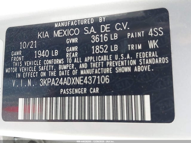 3KPA24ADXNE437106 KIA RIO LX
