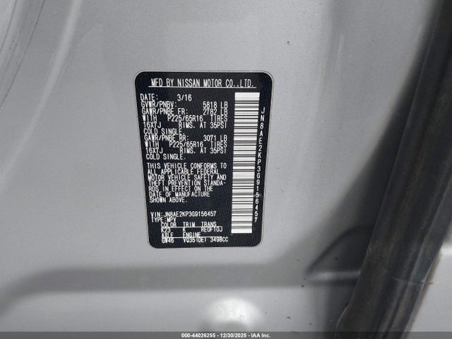 JN8AE2KP3G9156457 Nissan Quest Platinum/s/sl/sv