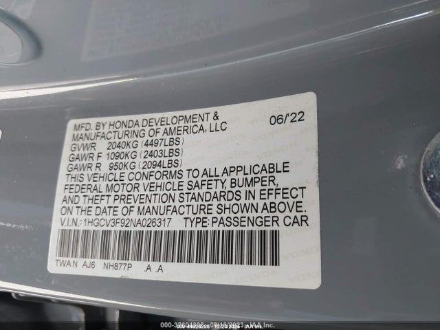44026258 :رقم المزاد ، 1HGCV3F92NA026317 vin ، 2022 Honda Accord Hybrid Touring مزاد بيع