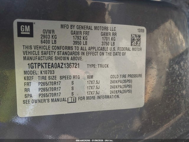 44026268 :رقم المزاد ، 1GTPKTEA0AZ136721 vin ، 2010 Gmc Sierra 1500 Work Truck مزاد بيع