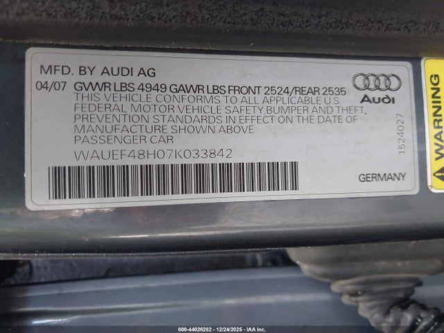 2007 AUDI A4 WAUEF48H07K033842 Photo 8