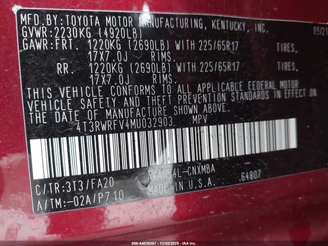 4T3RWRFV4MU032903 Toyota Rav4 Hybrid Xle