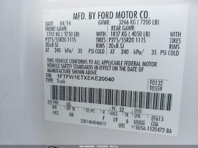 2014 Ford F-150 Lariat მანქანა იყიდება აუქციონზე, vin: 1FTFW1ETXEKE20040, აუქციონის ნომერი: 44026399