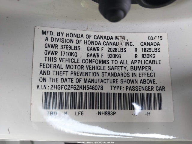 Honda Civic Lx 2019 2HGFC2F62KH546078 Image 9