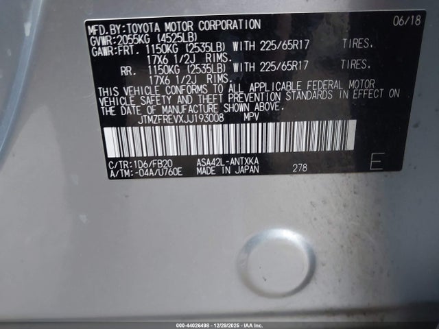 Aukcja sprzedaży 2018 Toyota Rav4 Le, vin: JTMZFREVXJJ193008, numer aukcji: 44026498
