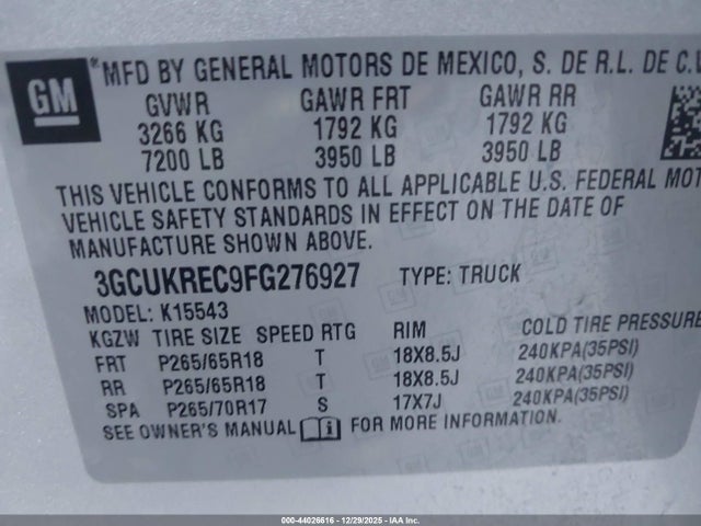 3GCUKREC9FG276927 Chevrolet Silverado 1500 2lt