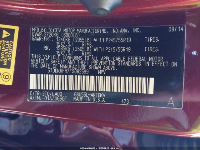 2015 TOYOTA HIGHLANDER 5TDDKRFH7FS082599 Photo 8