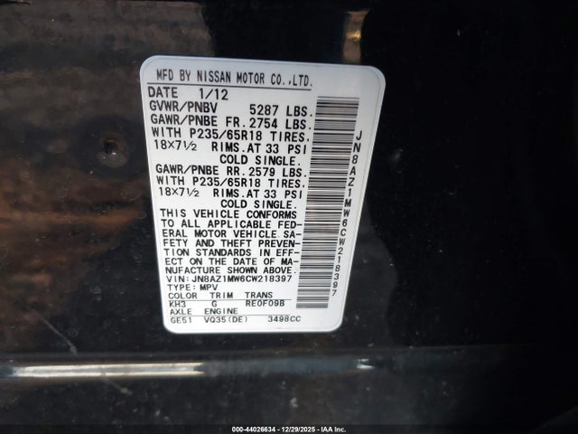 2012 NISSAN MURANO JN8AZ1MW6CW218397 Photo 8