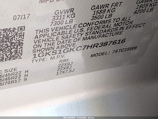 1GKS1GKC7HR387616 GMC Yukon Xl Slt
