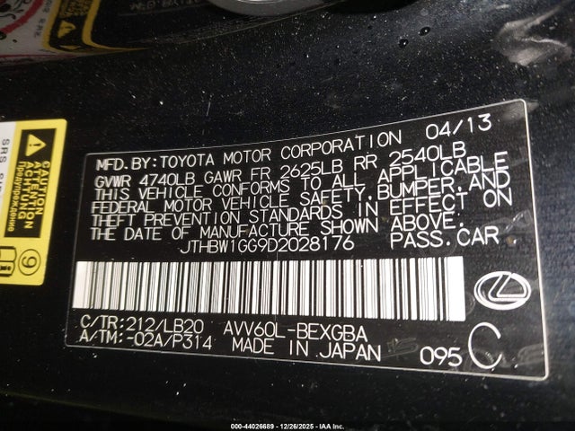 2013 LEXUS ES 300H JTHBW1GG9D2028176 Photo 8