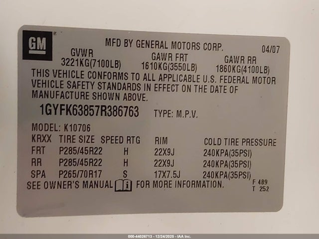 2007 CADILLAC ESCALADE 1GYFK63857R386763 Photo 8