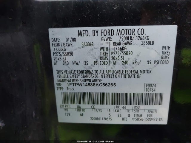 Продажа на аукционе авто 2008 Ford F-150, vin: 1FTPW14588KC56265, номер лота: 44026739
