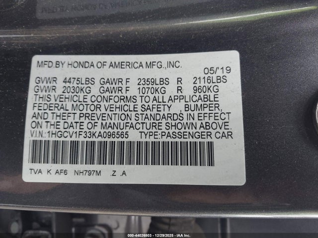 1HGCV1F33KA096565 Honda Accord Sport