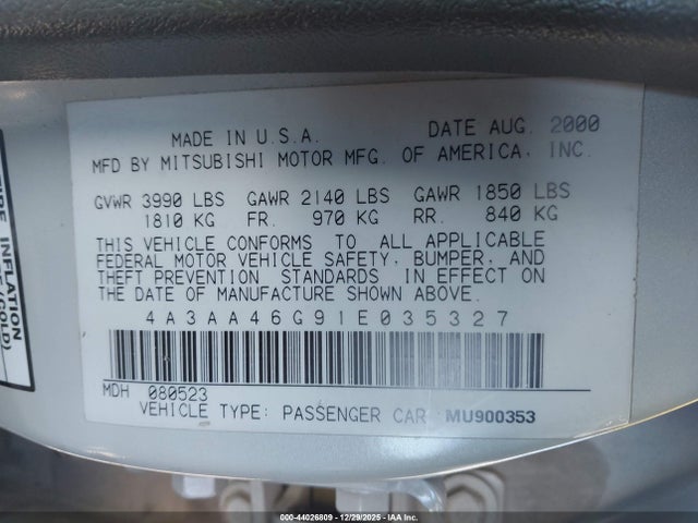 2001 MITSUBISHI GALANT 4A3AA46G91E035327 Photo 8