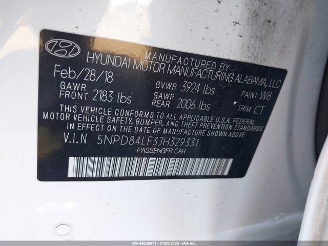 5NPD84LF3JH329331 Hyundai ELANTRA SEL