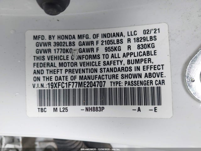 19XFC1F77ME204707 Honda Civic Ex-l