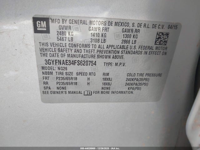 Aukcja sprzedaży 2015 Cadillac Srx Standard, vin: 3GYFNAE34FS620754, numer aukcji: 44026969