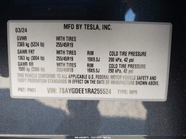 7SAYGDEE1RA255524 Tesla Model Y Long Range Dual Motor All-wheel Drive