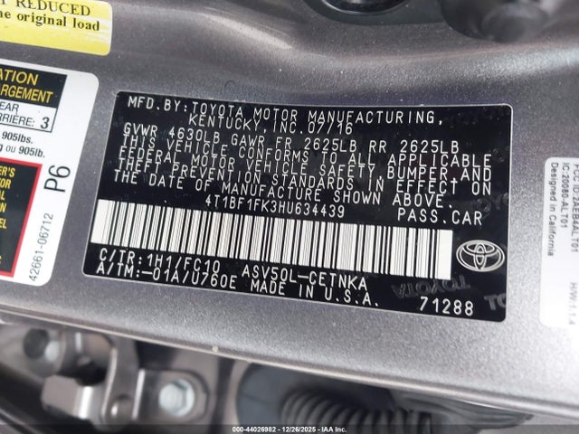 2017 Toyota Camry Le მანქანა იყიდება აუქციონზე, vin: 4T1BF1FK3HU634439, აუქციონის ნომერი: 44026982