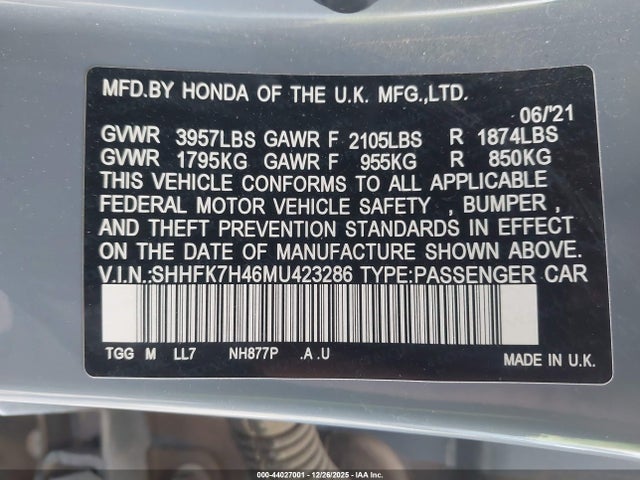 SHHFK7H46MU423286 Honda Civic Sport